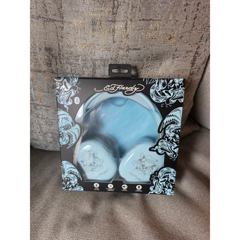 Ed Hardy Wireless Headphones Light Blue Love Kills Slowly Bluetooth Over Ear NEW